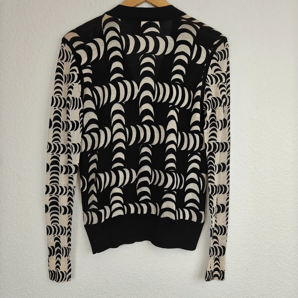 Tory Burch Black & Cream Graphic Wool Cardigan XS | Chic Button Front Statement
